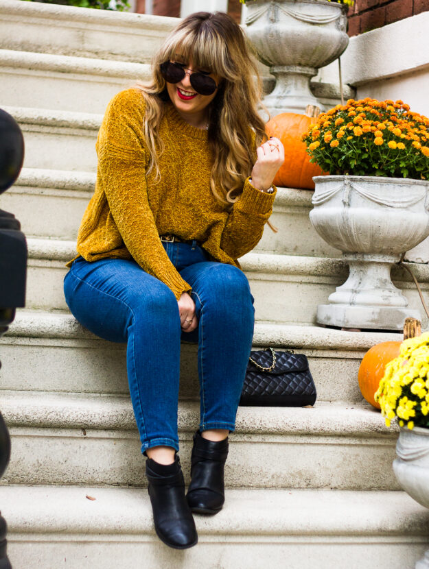 Gold chenille sweater + high waist jeans outfit for fall