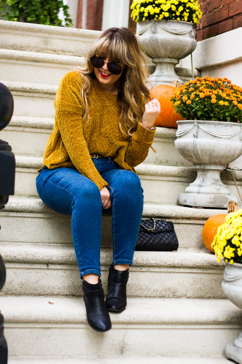 Gold chenille sweater + high waist jeans outfit for fall