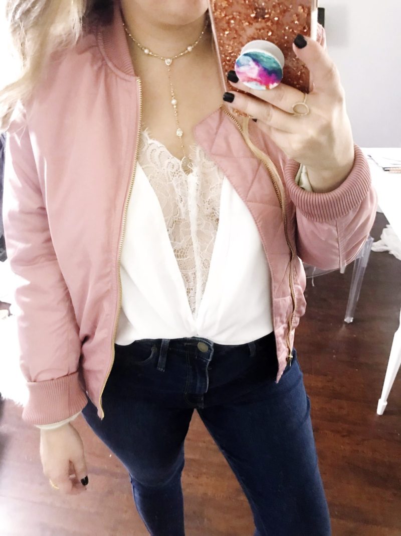 Pink bomber jacket and cami outfit