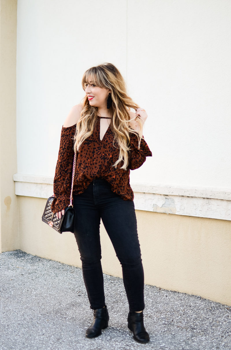 Leopard Cold Shoulder Top + Black Jeans