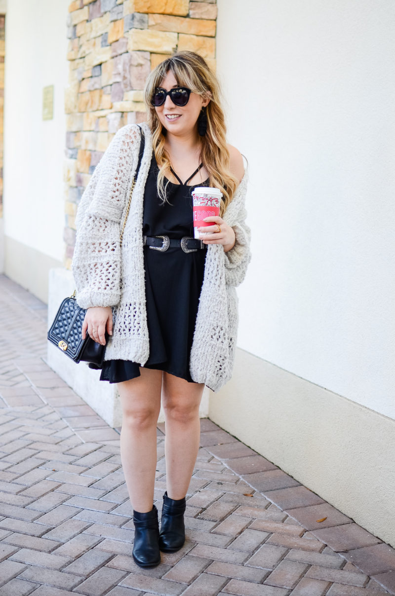 Boyfriend cardigan and dress outfit