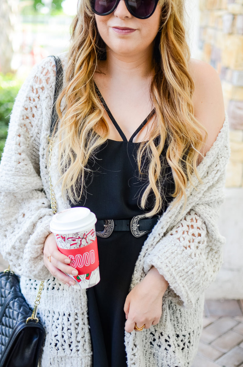 Strappy dress and oversized cardigan outfit idea