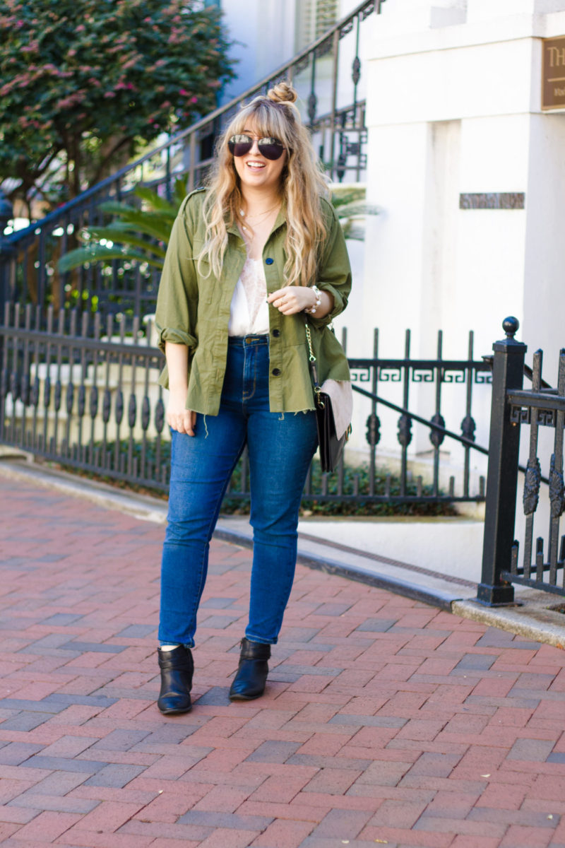 Peplum field jacket and jeans 