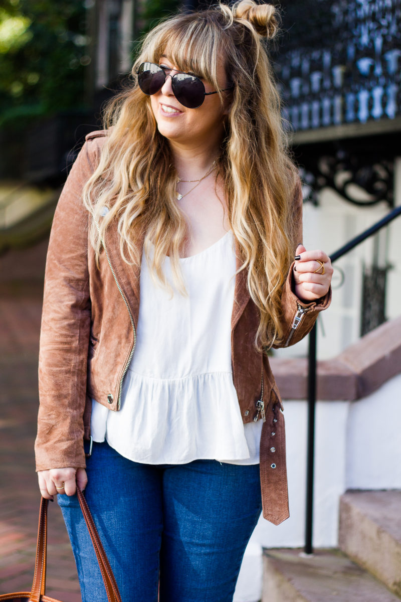 Moto jacket and peplum top outfit