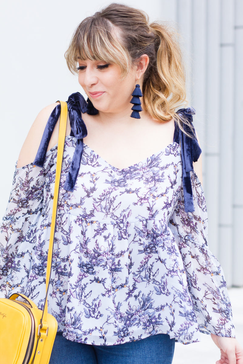 Velvet tie shoulder top and jeans