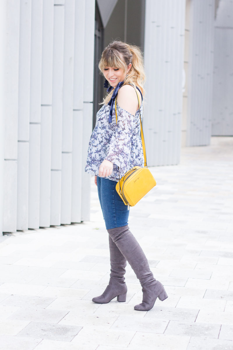 Velvet tie shoulder top and jeans outfit 