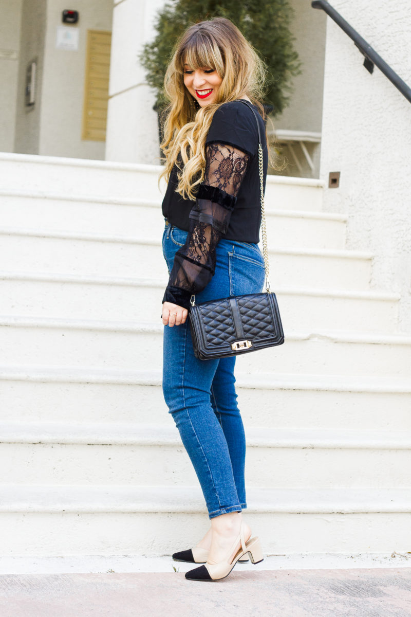 Casual outfit idea, velvet and lace top, LOFT top, high rise jeans, Chanel slingback dupe