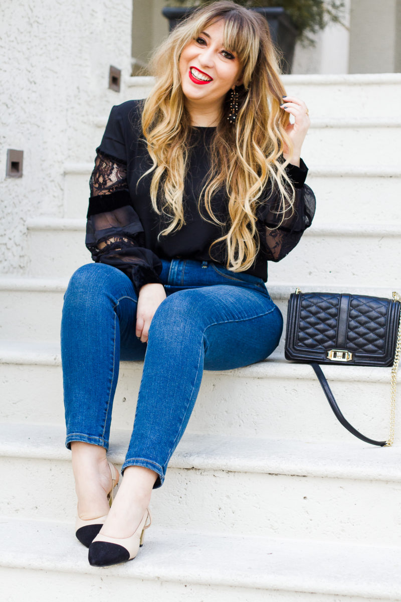 Casual outfit idea, velvet and lace top, LOFT top, high rise jeans, Chanel slingback dupe