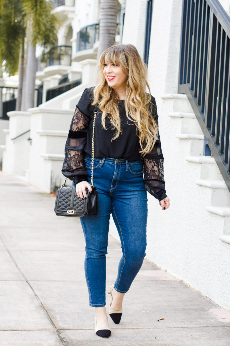 Casual outfit idea, velvet and lace top, LOFT top, high rise jeans, Chanel slingback dupe