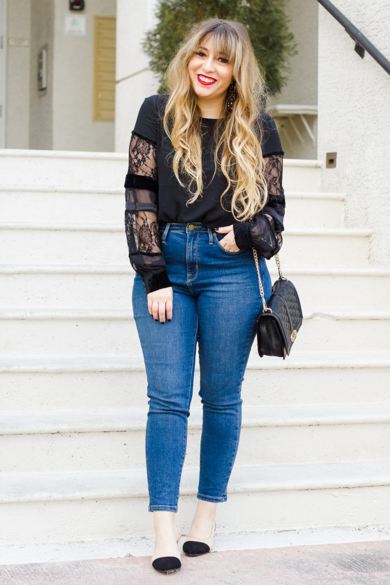 Casual outfit idea, velvet and lace top, LOFT top, high rise jeans, Chanel slingback dupe