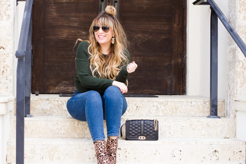 Green pearl sweater + leopard booties