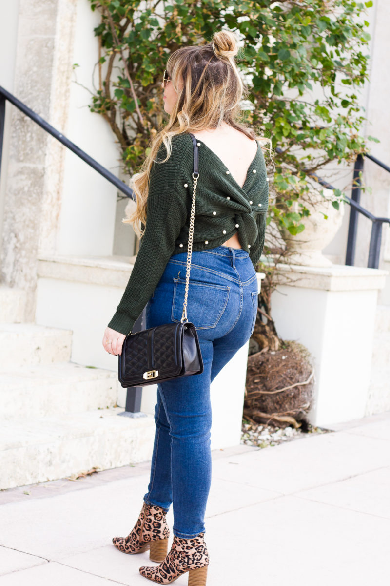 Twist back sweater and jeans