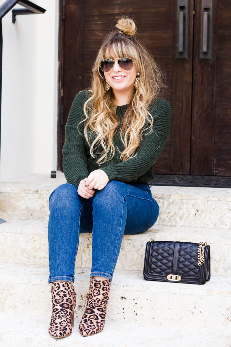 Green pearl sweater + leopard booties