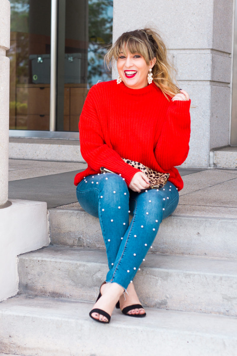 Valentine's Day Outfit Idea- red sweater + pearl jeans