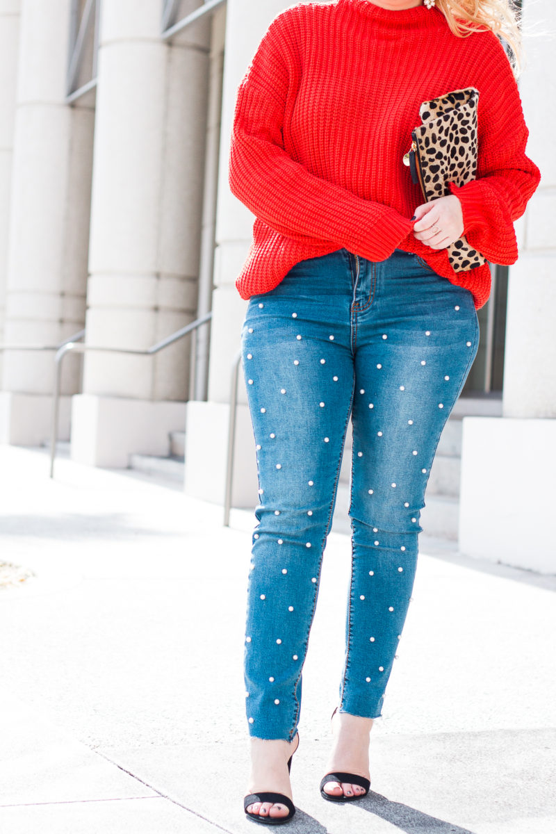 Valentine's Day Outfit Idea- red sweater + pearl jeans