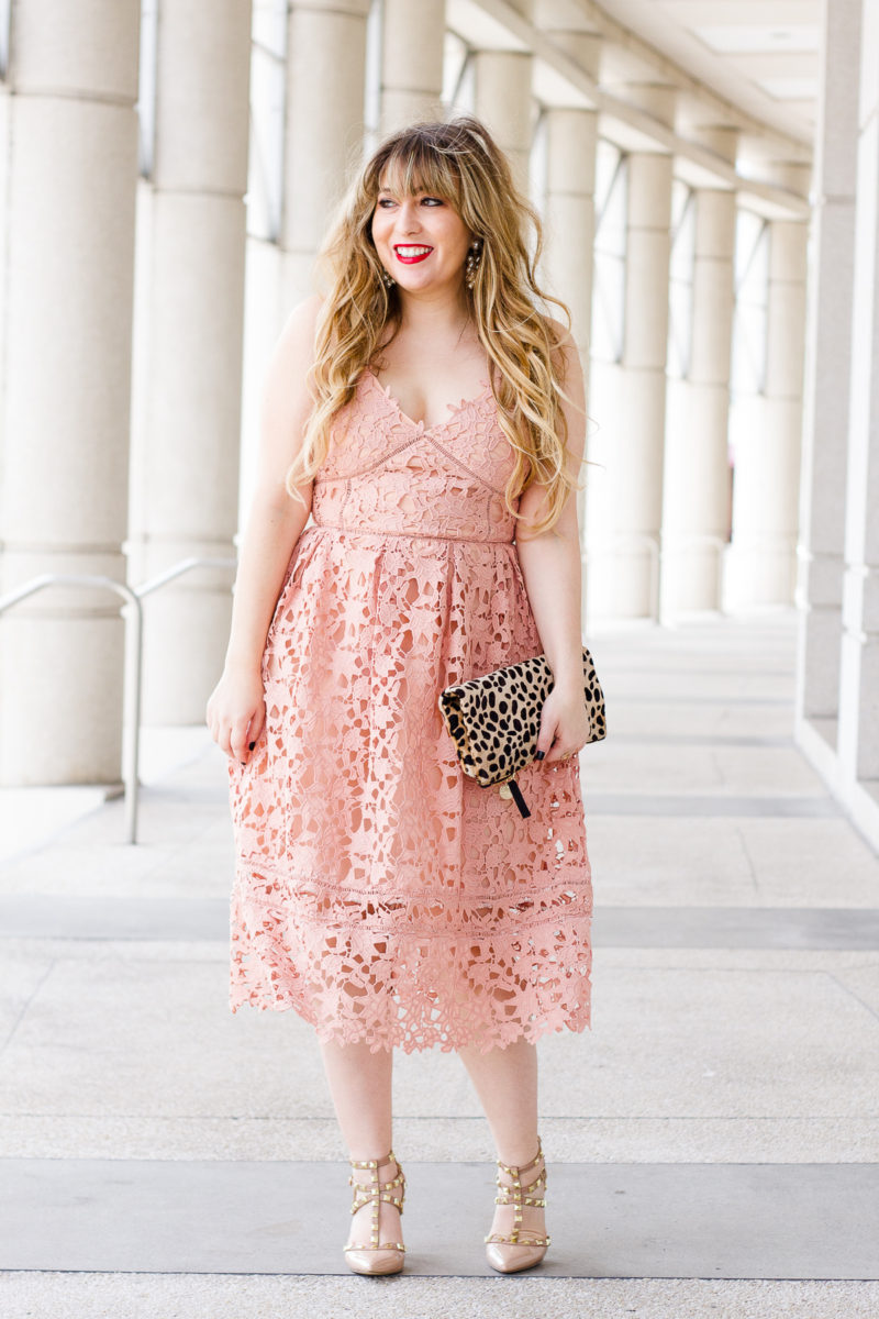 Valentine's Day dress - pink lace midi dress, pink lace dress, lace dress, valentine's day dress, affordable lace dress, affordable pink dress, midi dress, lace midi dress, leopard clutch, clare v leopard foldover clutch, clare v clutch, pearl earrings, baublebar earrings, valentino rockstud dupes, valentino rockstud lookalikes