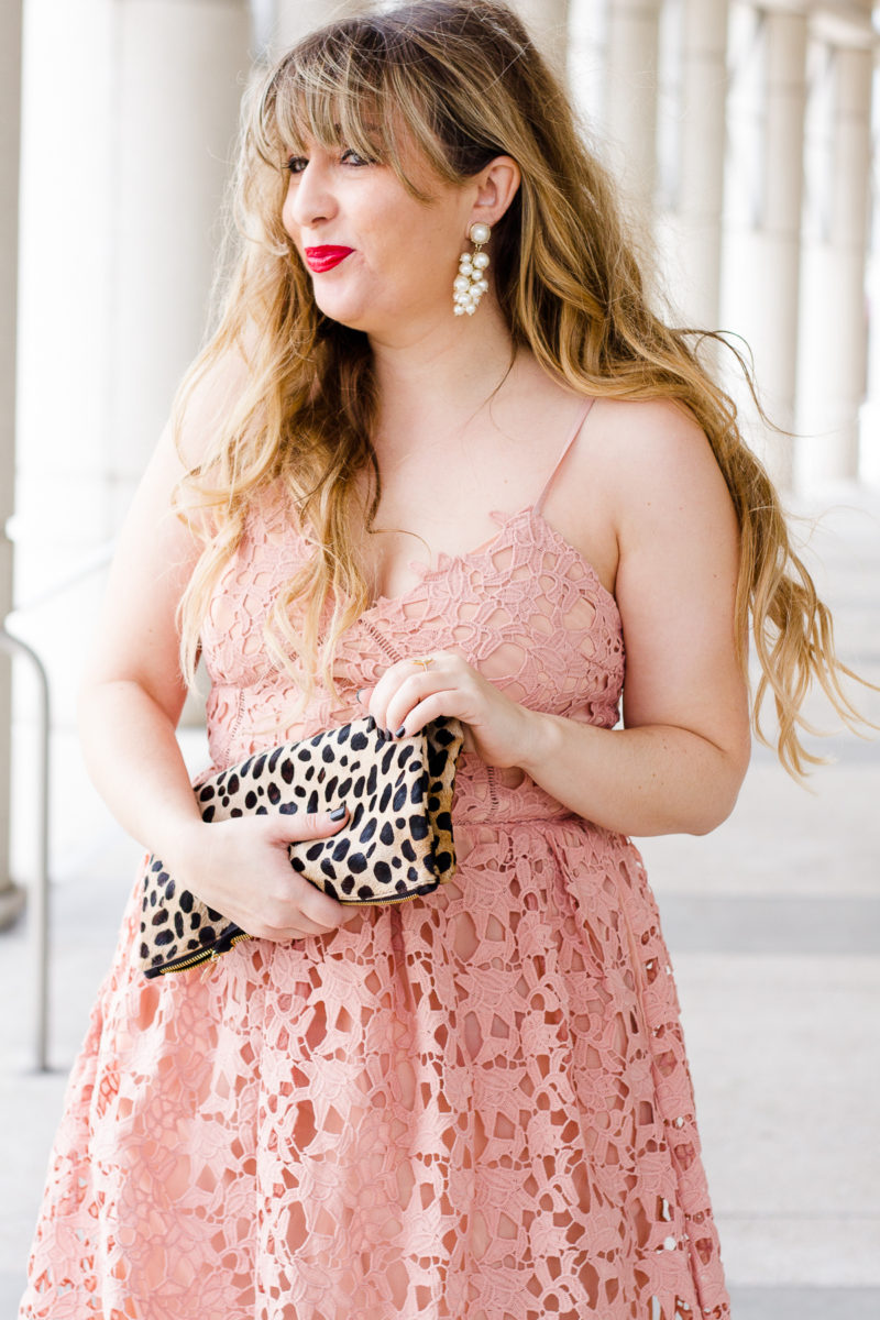 Valentine's Day dress - pink lace midi dress, pink lace dress, lace dress, valentine's day dress, affordable lace dress, affordable pink dress, midi dress, lace midi dress, leopard clutch, clare v leopard foldover clutch, clare v clutch, pearl earrings, baublebar earrings, valentino rockstud dupes, valentino rockstud lookalikes