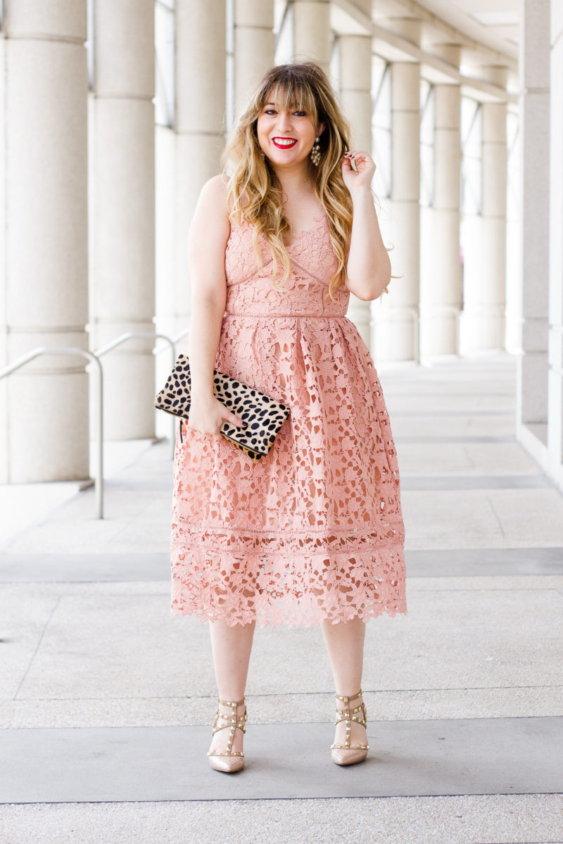 Valentine's Day dress - pink lace midi dress, pink lace dress, lace dress, valentine's day dress, affordable lace dress, affordable pink dress, midi dress, lace midi dress, leopard clutch, clare v leopard foldover clutch, clare v clutch, pearl earrings, baublebar earrings, valentino rockstud dupes, valentino rockstud lookalikes