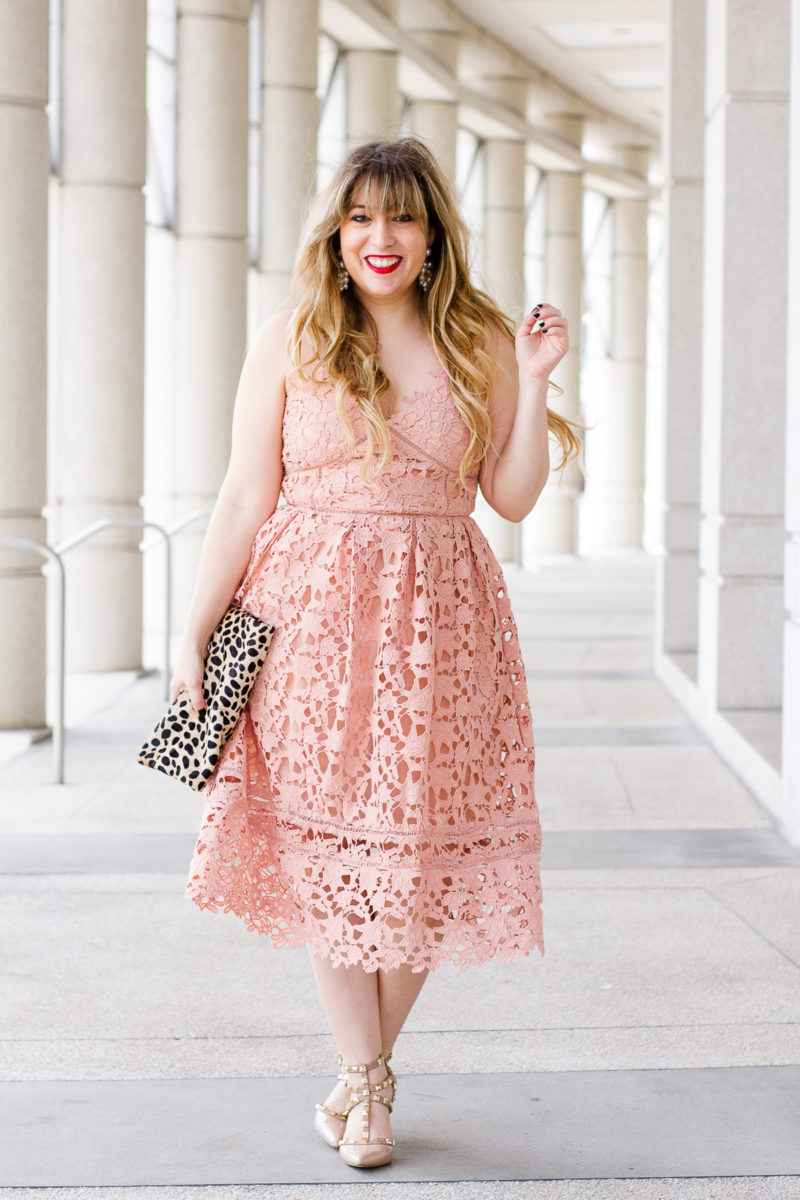 Valentine's Day dress - pink lace midi dress, pink lace dress, lace dress, valentine's day dress, affordable lace dress, affordable pink dress, midi dress, lace midi dress, leopard clutch, clare v leopard foldover clutch, clare v clutch, pearl earrings, baublebar earrings, valentino rockstud dupes, valentino rockstud lookalikes