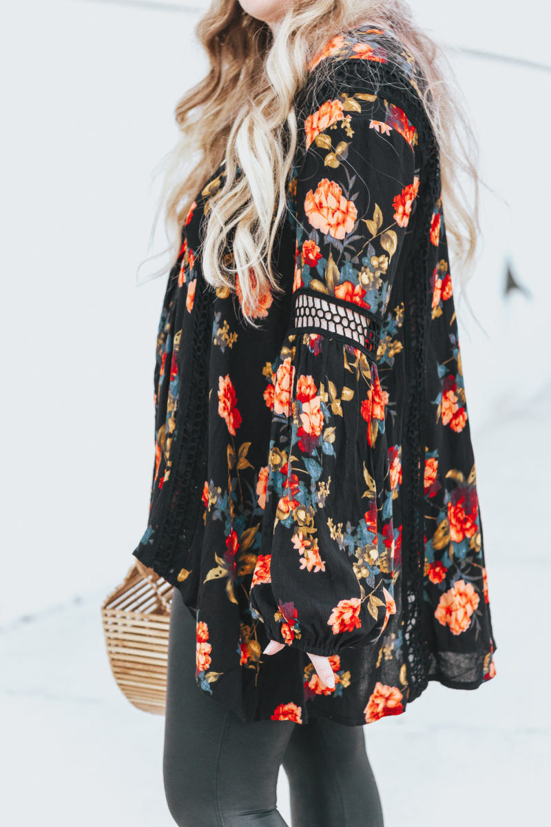 Floral tunic top + leather leggings outfit