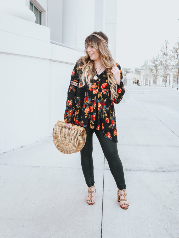 Floral tunic top + leather leggings outfit