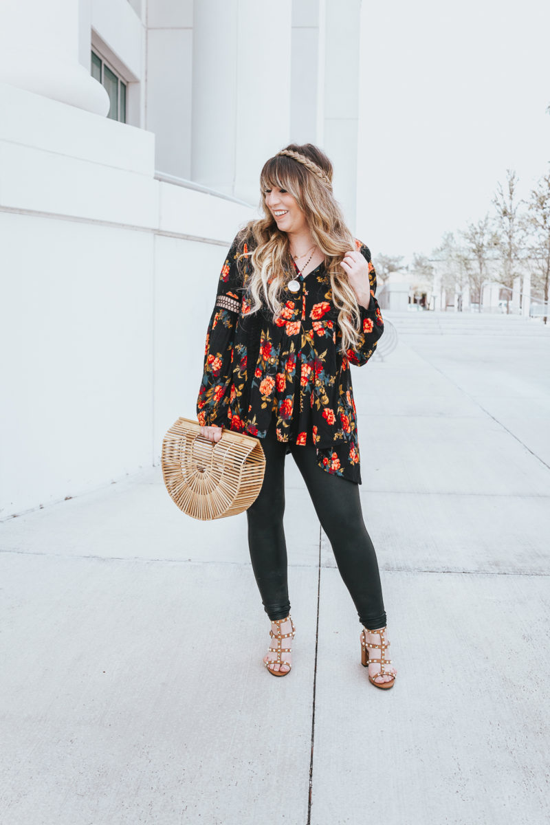 Floral tunic top + leather leggings outfit