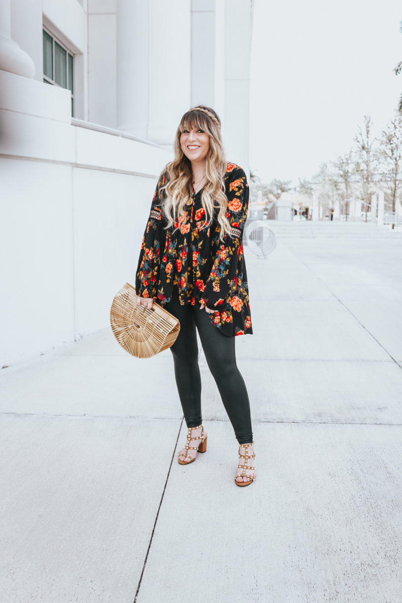 Floral tunic top + leather leggings outfit