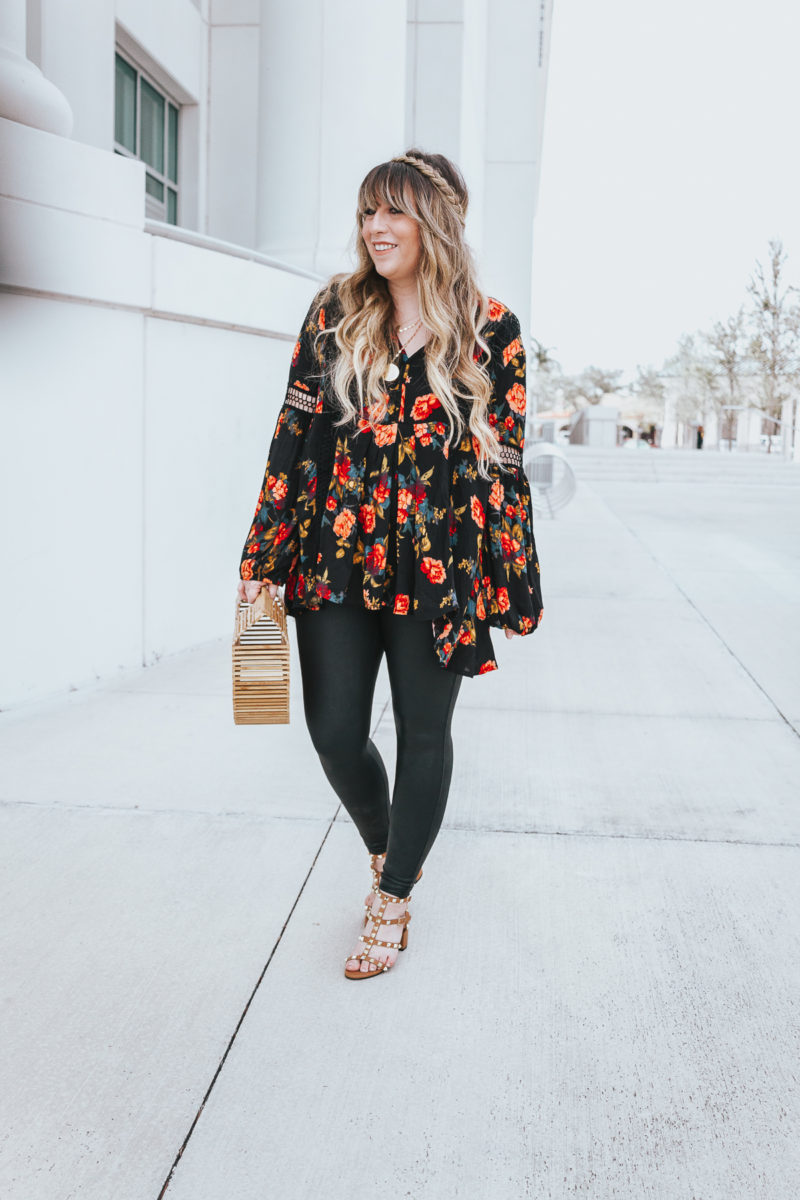 Floral tunic top + leather leggings outfit