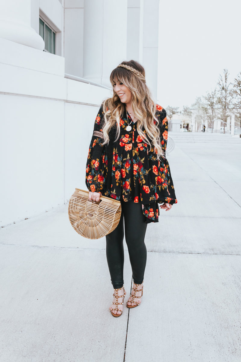 Floral tunic top + leather leggings outfit