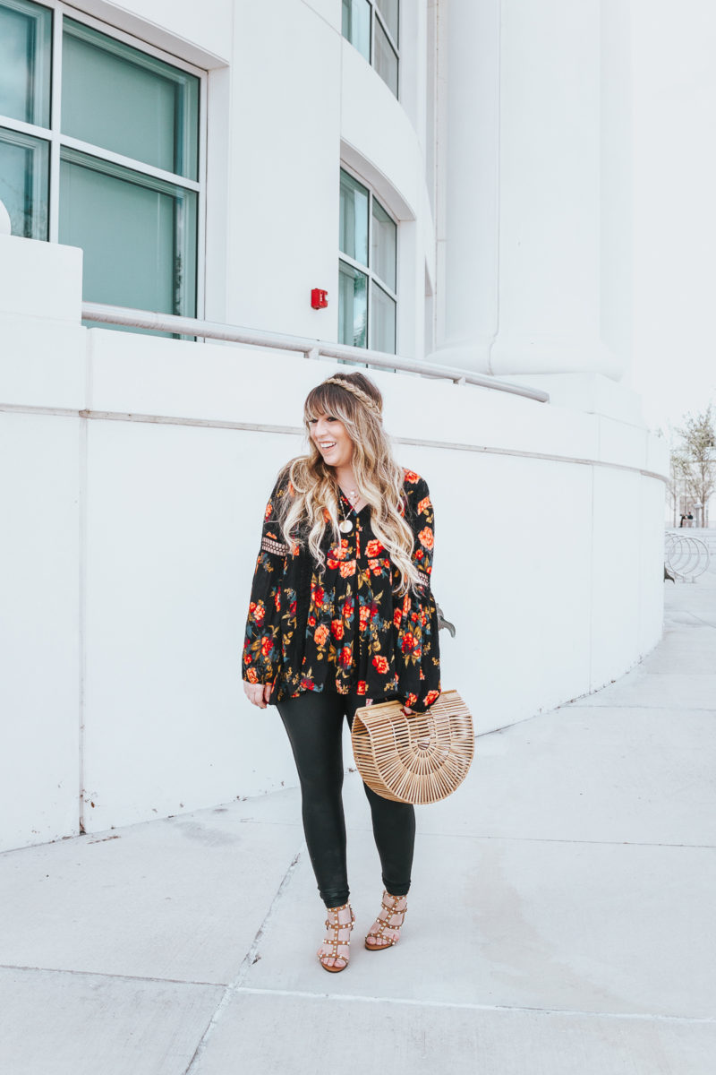 Floral tunic top + leather leggings outfit