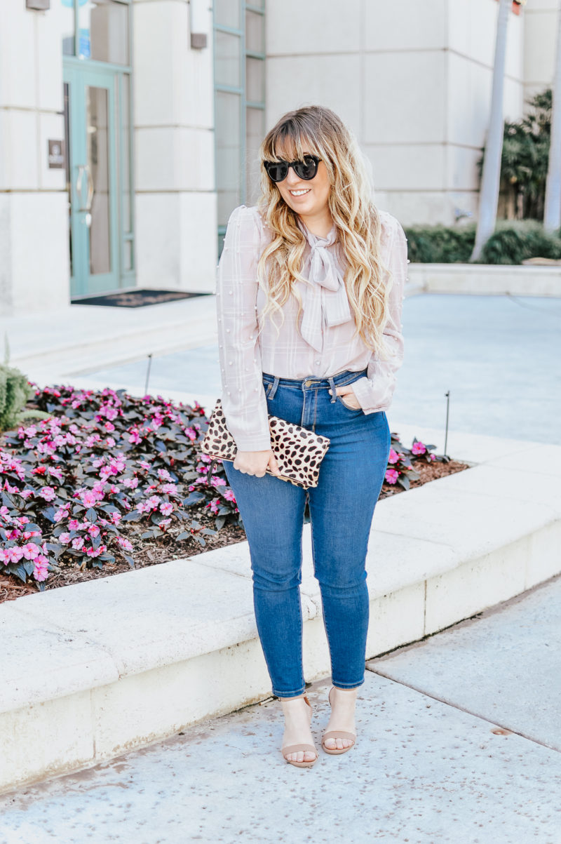 denim and pearl outfit