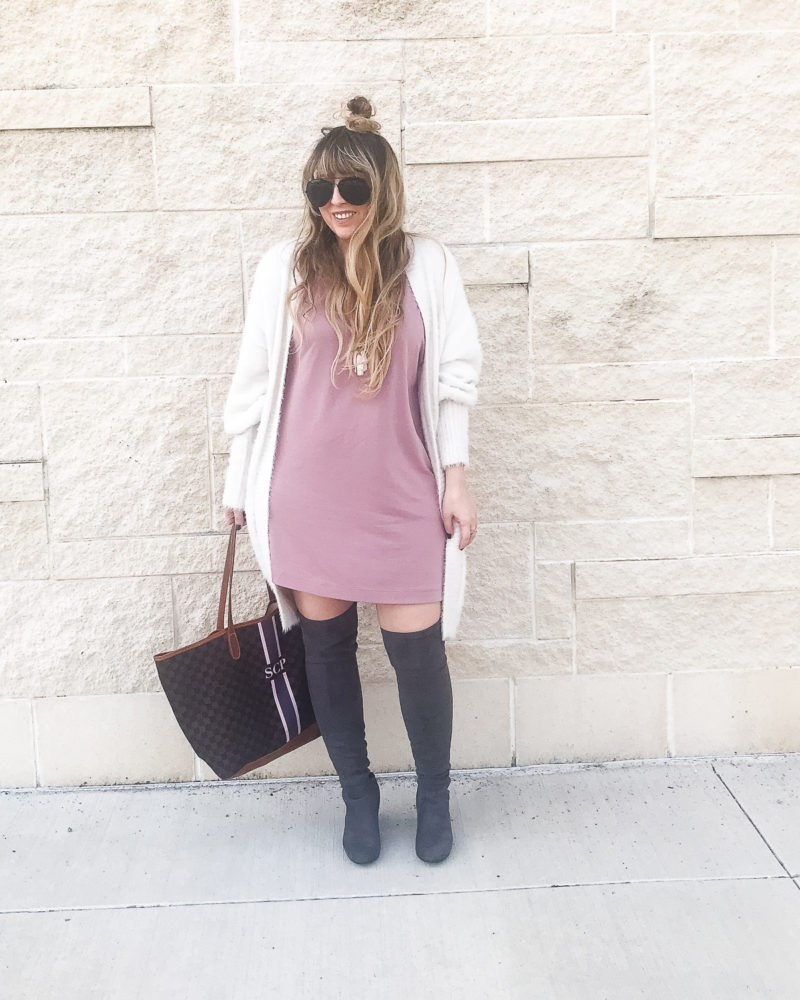 Pink dress, fuzzy cardigan and over the knee boots