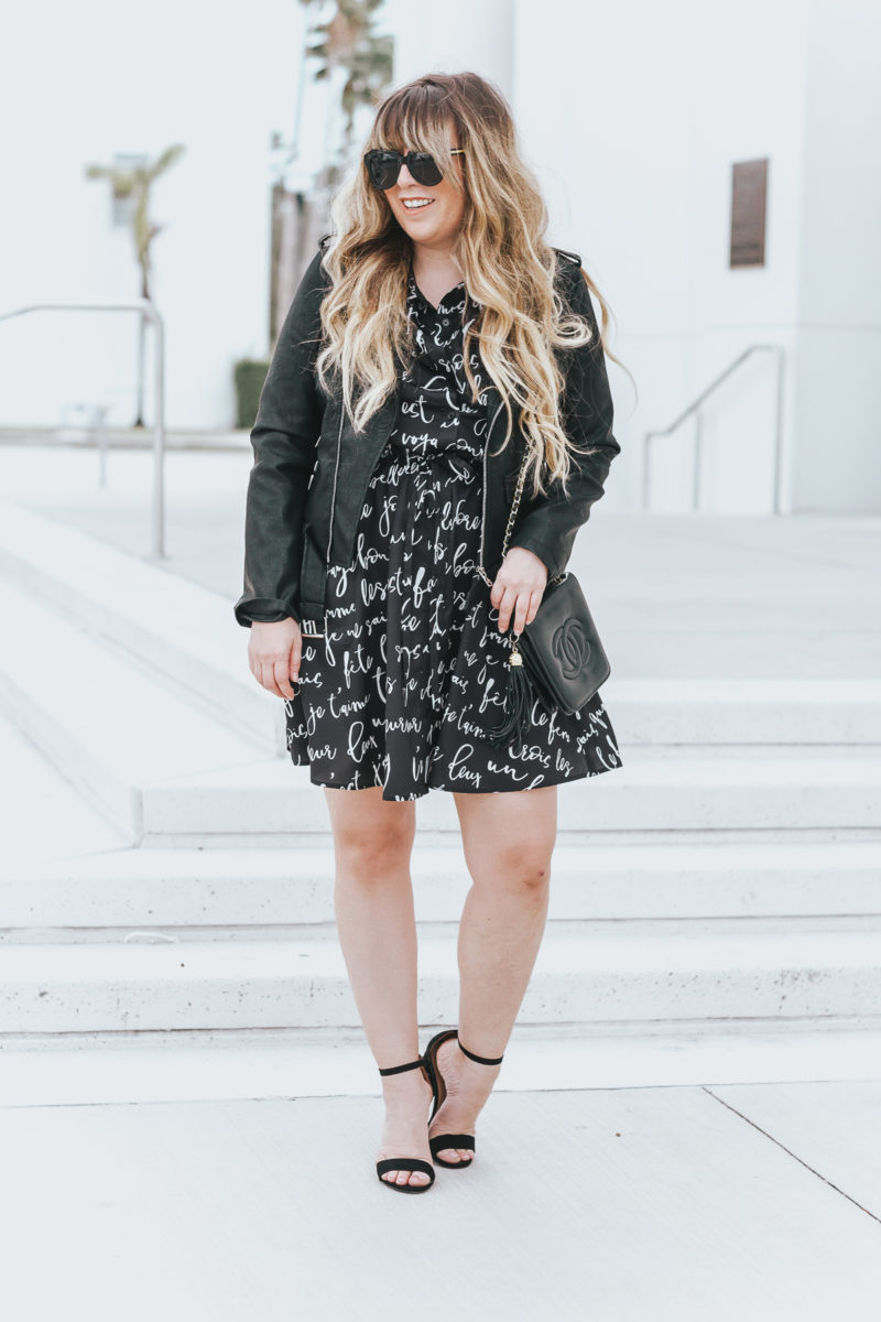Workwear: shirtdress and leather jacket outfit