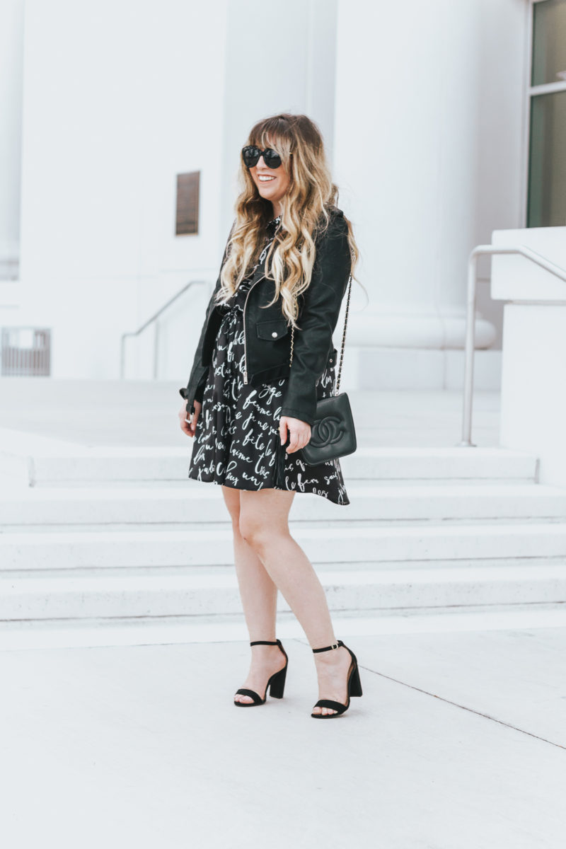 Workwear: shirtdress and leather jacket outfit