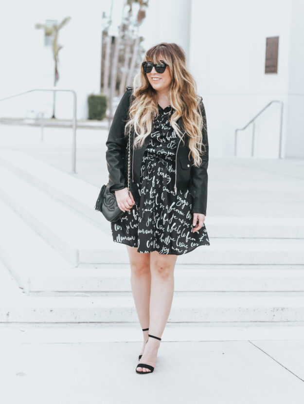 Script shirtdress and leather jacket outfit idea for spring