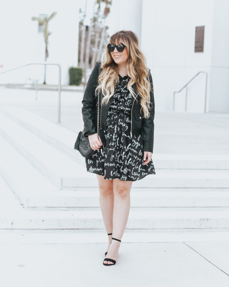Workwear: shirtdress and leather jacket outfit