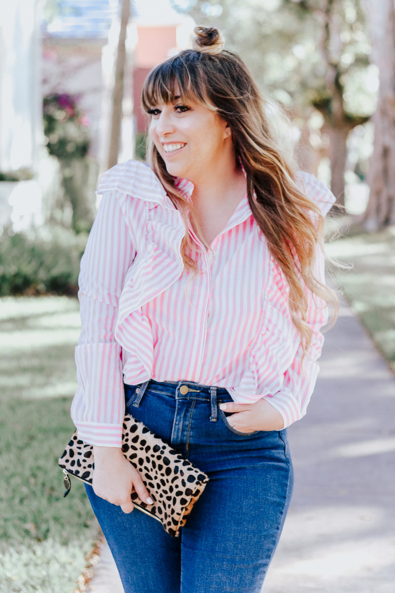 Shein Pink Stripe ruffle top + jeans outfit for spring-11