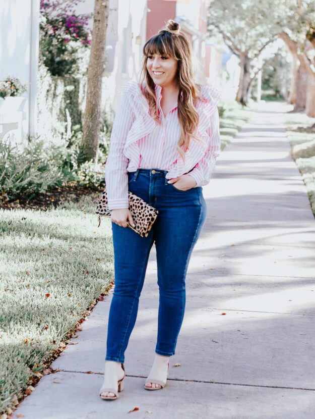 Shein Pink Stripe ruffle top + jeans outfit for spring-2