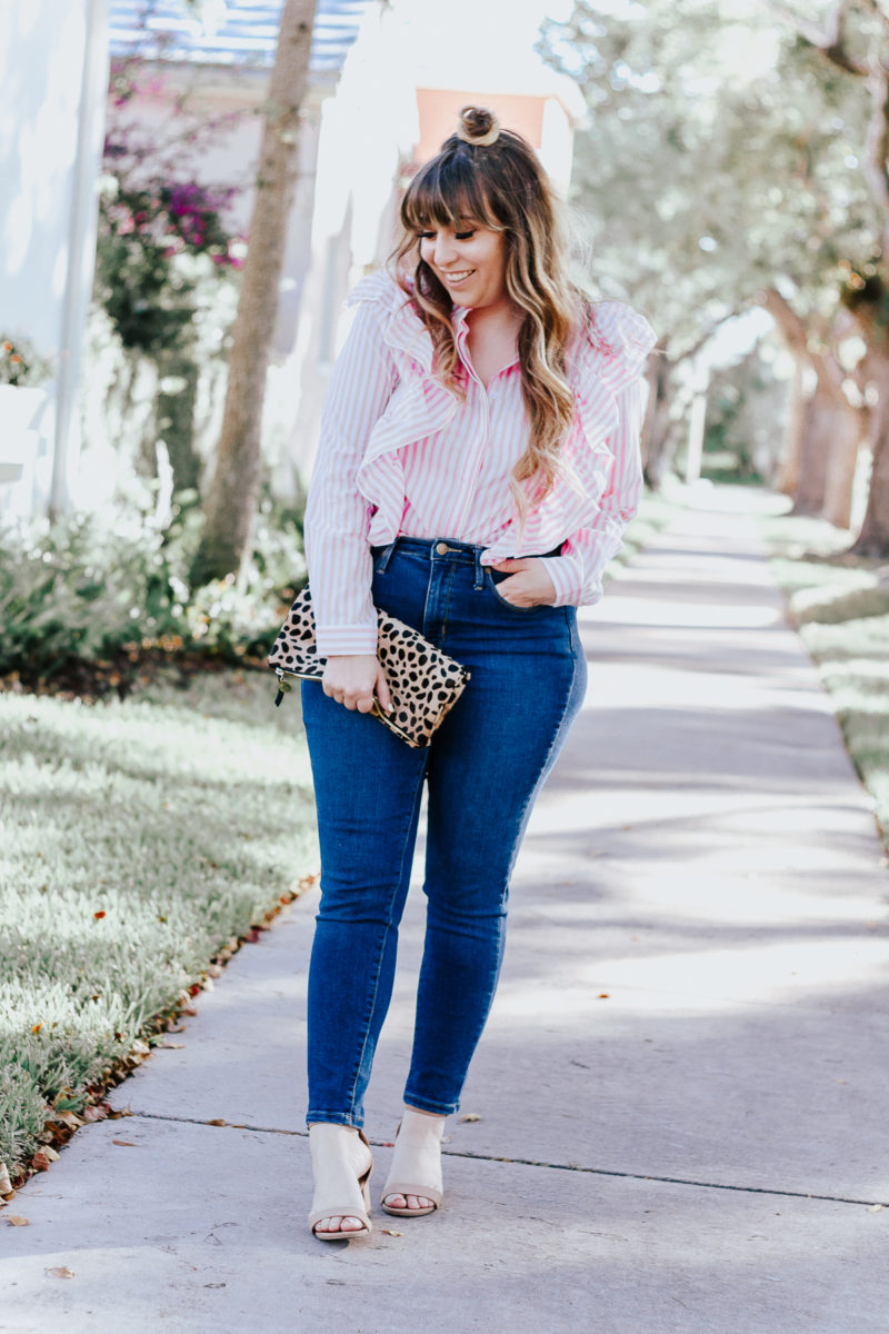 Shein Pink Stripe ruffle top + jeans outfit for spring-5