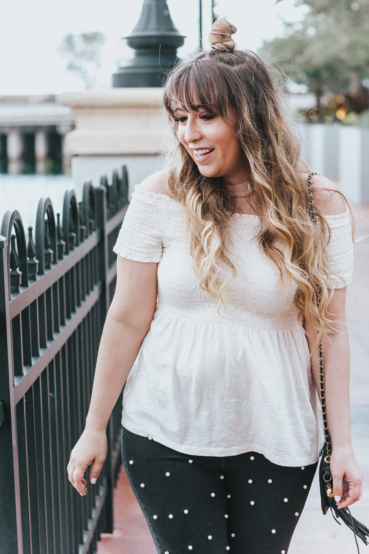 Off the shoulder top + black pearl jeans outfit for spring-11