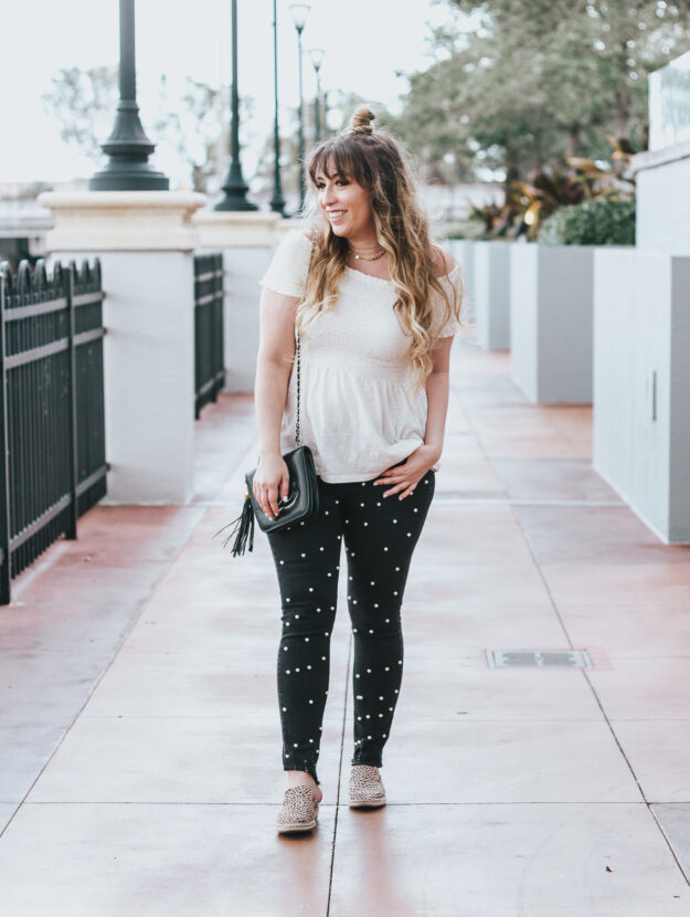 Off the shoulder top + black pearl jeans outfit for spring