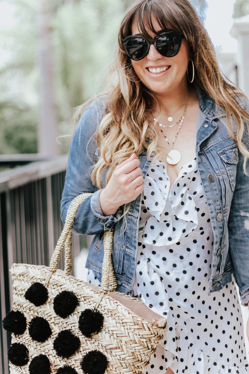 Polka dot wrap dress outfit + jean jacket-11