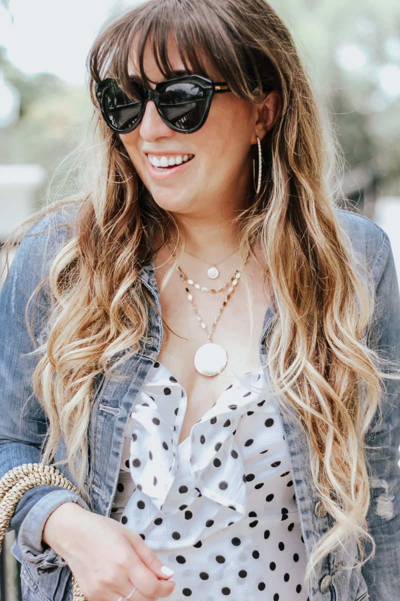 Polka dot wrap dress outfit + jean jacket-12