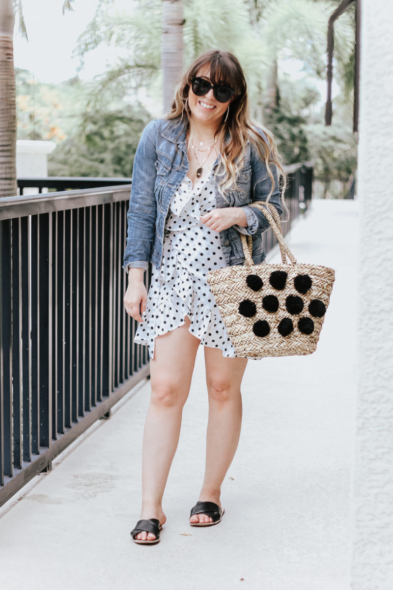 Polka dot wrap dress outfit + jean jacket-3