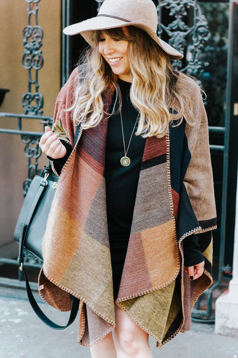 Fall outfit idea – plaid poncho + bodycon dress-12