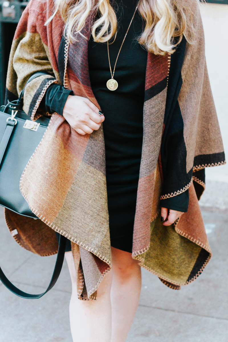 Fall outfit idea – plaid poncho + bodycon dress-13