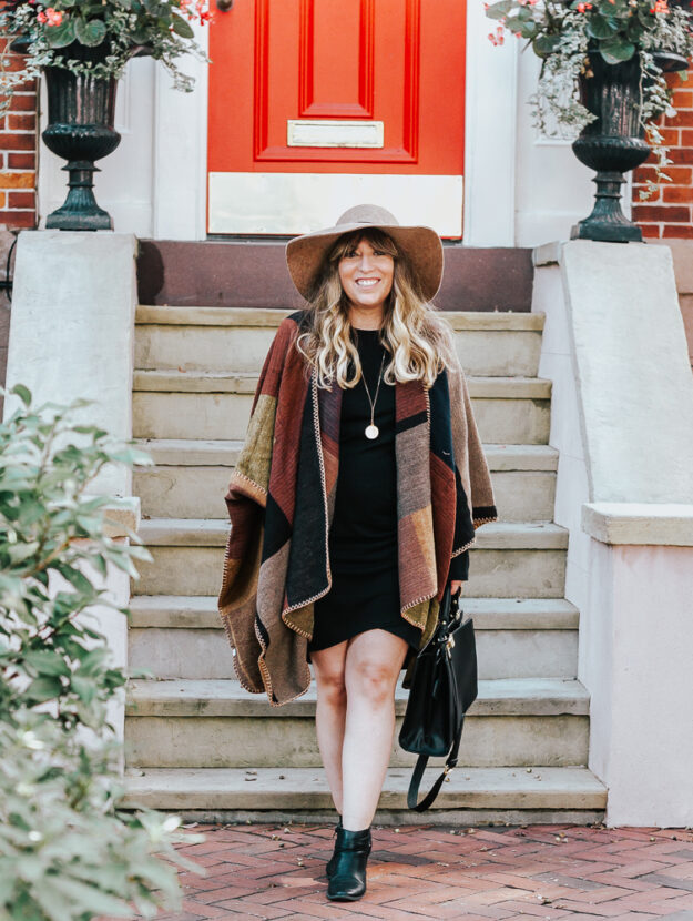 Fall outfit idea - plaid blanket poncho + bodycon dress