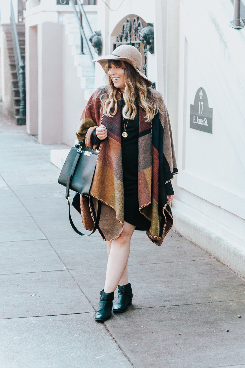 Fall outfit idea – plaid poncho + bodycon dress-3