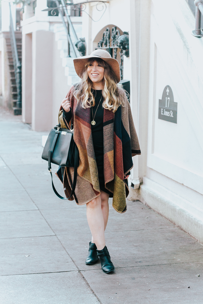 Fall outfit idea – plaid poncho + bodycon dress-8