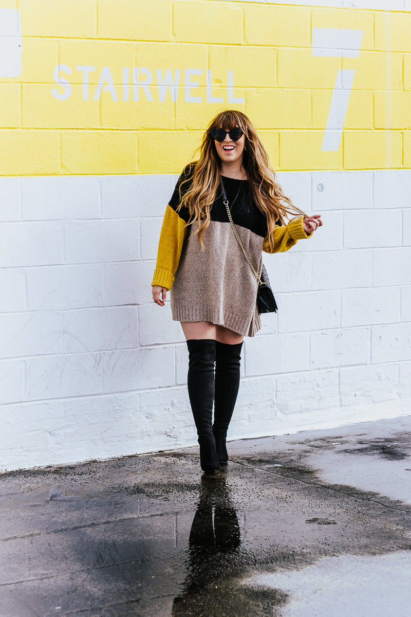 Colorblock sweaterdress + over the knee boots-6